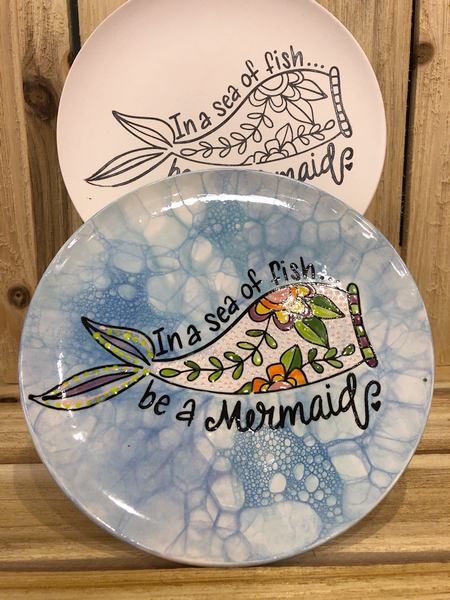 Hand Painted Ceramic Plate in a sea of fish be a mermaid